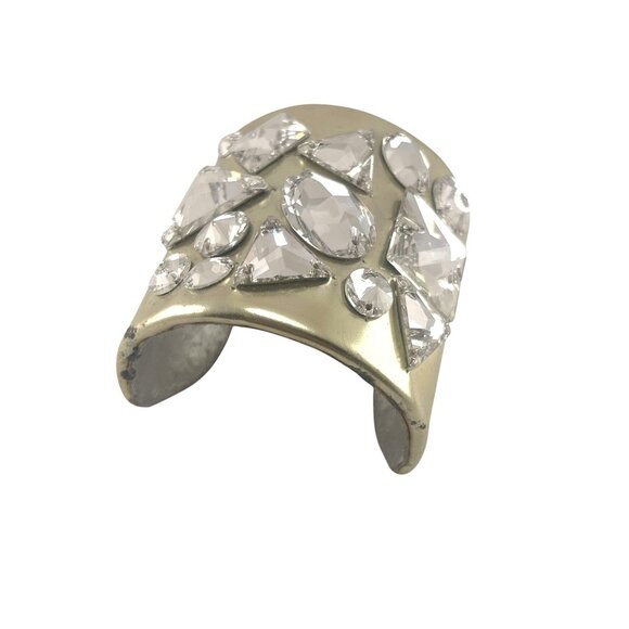 Ted Rossi NYC Gold Silver Leather Designer Rare Y2K Crystal Cuff Bracelet 2" Wid - Picture 1 of 10